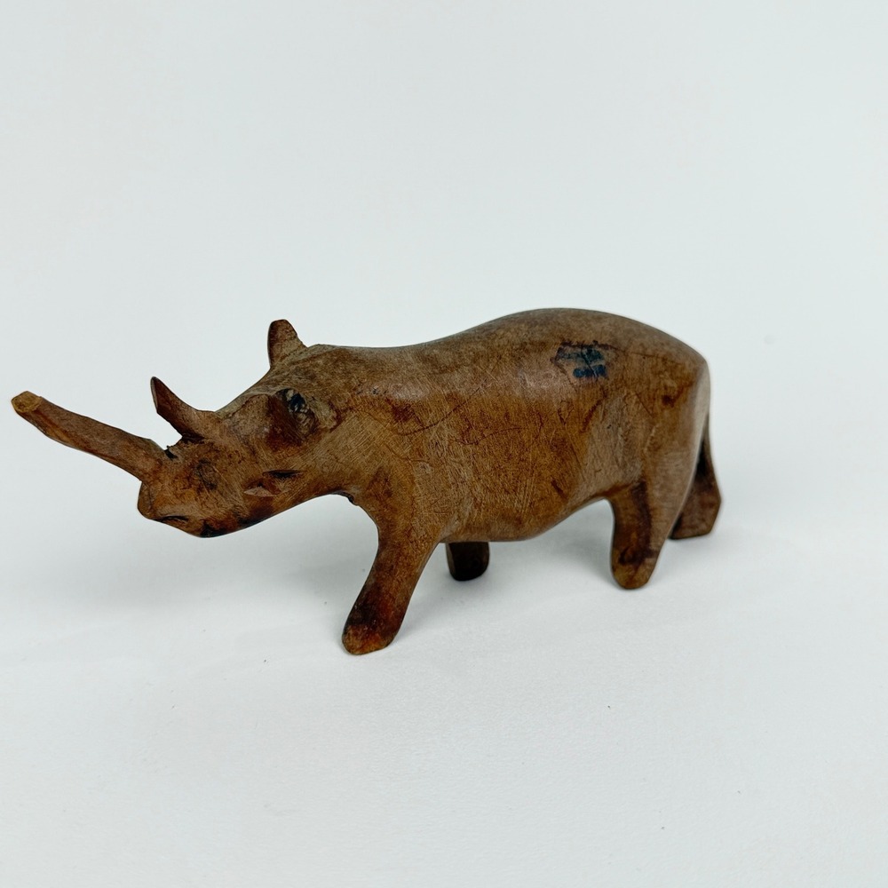 Hand Carved Wooden African Rhinoceros Figurine Animal Sculpture Rustic Decor